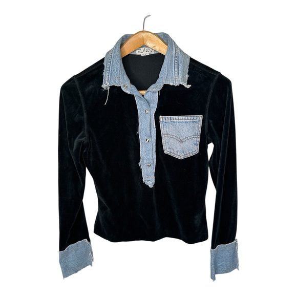Riley Tops - Vintage Black Velour Denim Top Western Snaps Indie Grunge Reworked Style